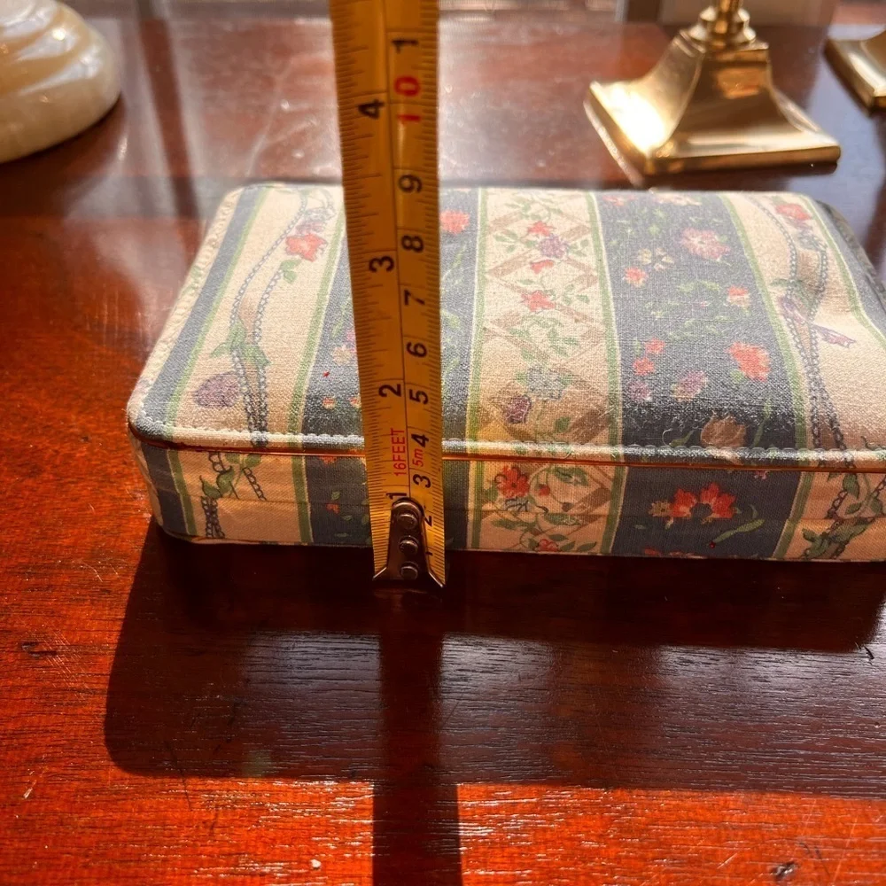 Vintage fabric jewelry box mirror inside. Travel jewelry box